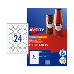 Labels 41mm Diameter Circle 24 Up Gloss White Permanent A4 Box of 100